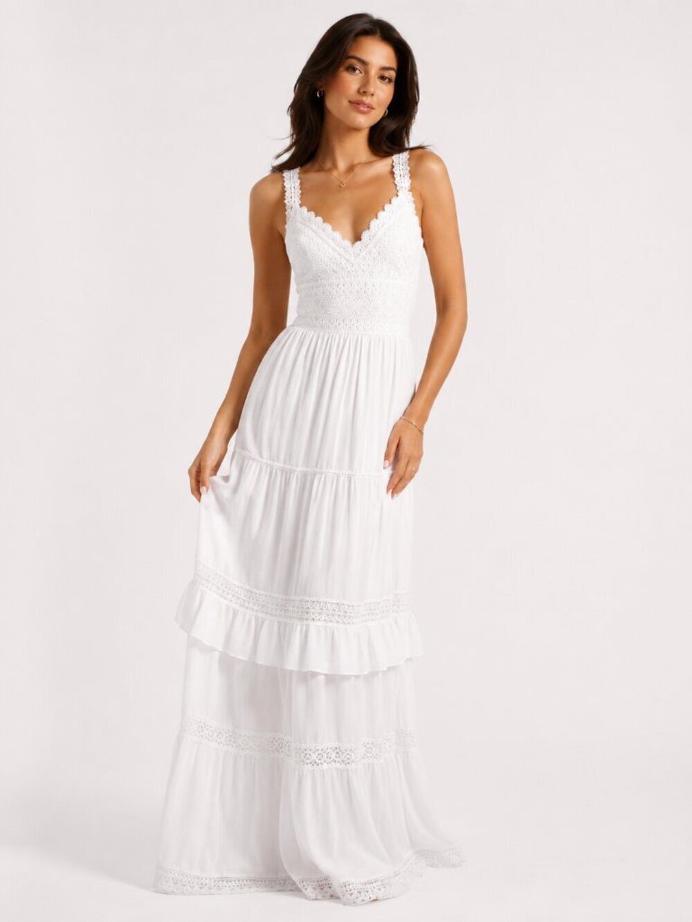 MONIQUE LHUILLIER Tiered Lace Maxi Boho Dress 2 White